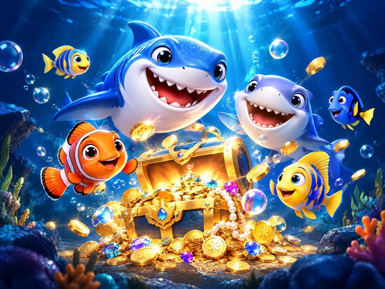 PP88捕魚遊戲平台展示海底魚群與寶箱場景。